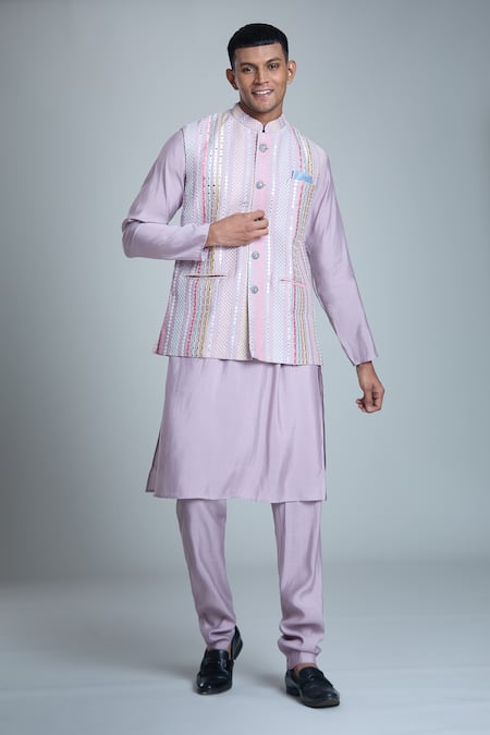 Aryavir Malhotra Mirror Stripe Embroidered Bundi & Kurta Set 