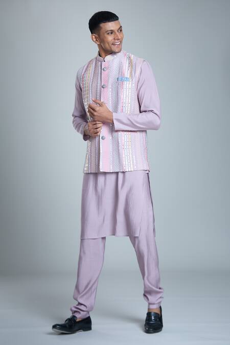 Shop Arihant Rai Sinha Purple , Satin, Cotton Mirrors, Sequins, Embroidery Bundi And Kurta Set Online at Aza Fashions Shop_Arihant Rai Sinha_Purple , Satin, Cotton Mirrors, Sequins, Embroidery Bundi And Kurta Set_Online_at_Aza_Fashions