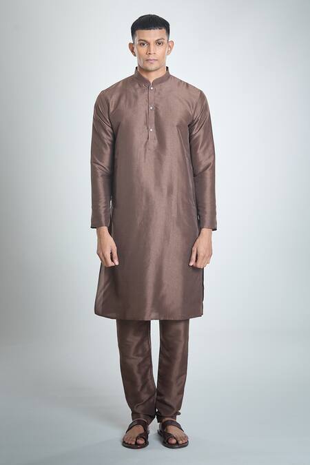 Arihant Rai Sinha_Brown Jacquard, , Satin Embroidery Flower Woven Bundi And Kurta Set_Online_at_Aza_Fashions