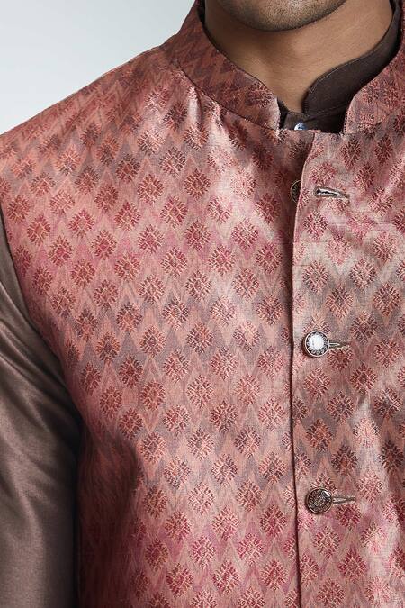 Buy_Arihant Rai Sinha_Brown Jacquard, , Satin Embroidery Flower Woven Bundi And Kurta Set_Online_at_Aza_Fashions