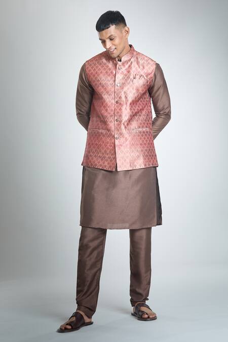 Shop_Arihant Rai Sinha_Brown Jacquard, , Satin Embroidery Flower Woven Bundi And Kurta Set_Online_at_Aza_Fashions
