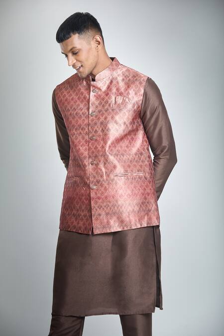 Arihant Rai Sinha_Brown Jacquard, , Satin Embroidery Flower Woven Bundi And Kurta Set_at_Aza_Fashions
