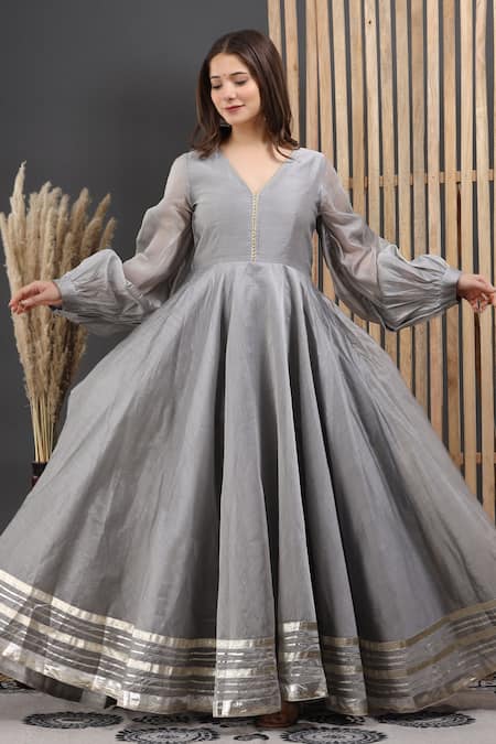 Buy_Suti Kapda_Grey Chanderi Gota Patti V-neck Embroidered Flared Gown _Online_at_Aza_Fashions