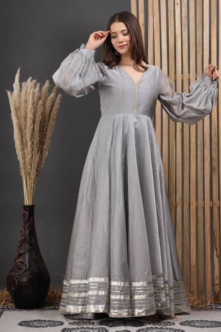 Suti Kapda_Grey Chanderi Gota Patti V-neck Embroidered Flared Gown _at_Aza_Fashions
