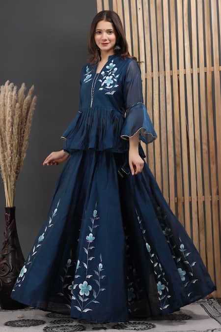 Suti Kapda_Blue Chanderi Embroidery, Gota Patti Bandeau Floral Hand Painted Lehenga Set _Online_at_Aza_Fashions