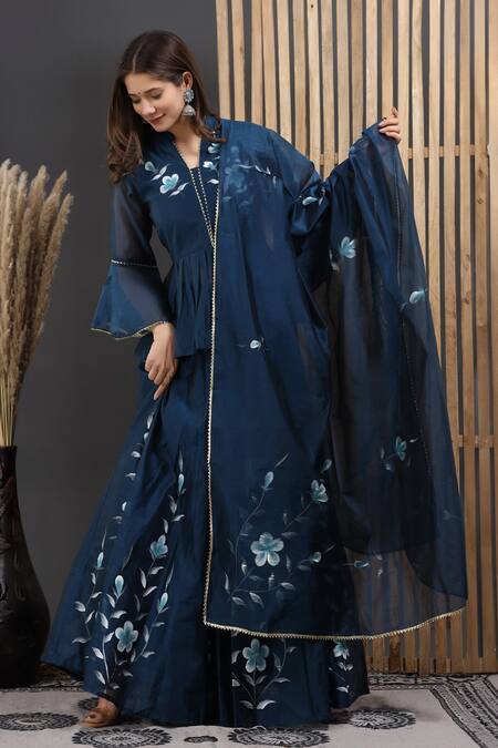 Buy_Suti Kapda_Blue Chanderi Embroidery, Gota Patti Bandeau Floral Hand Painted Lehenga Set _Online_at_Aza_Fashions