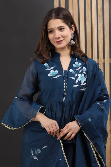 Shop_Suti Kapda_Blue Chanderi Embroidery, Gota Patti Bandeau Floral Hand Painted Lehenga Set _Online_at_Aza_Fashions