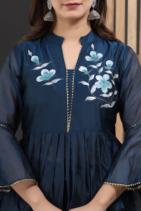 Suti Kapda_Blue Chanderi Embroidery, Gota Patti Bandeau Floral Hand Painted Lehenga Set _at_Aza_Fashions