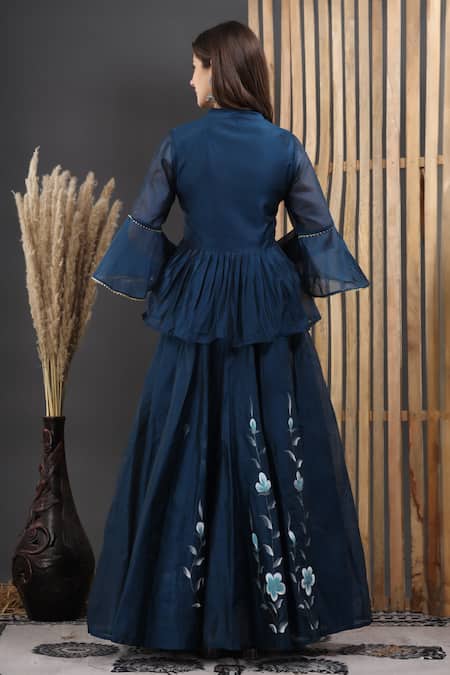 Shop_Suti Kapda_Blue Chanderi Embroidery, Gota Patti Bandeau Floral Hand Painted Lehenga Set _at_Aza_Fashions