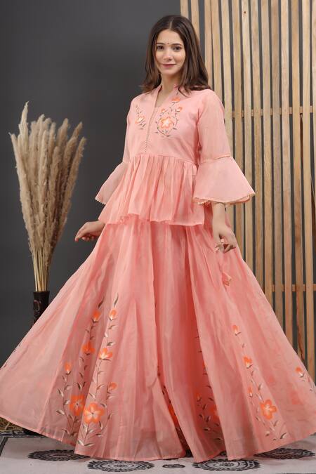 Suti Kapda_Peach Chanderi Embroidery, Gota Patti Bandeau Neck Lehenga Set _Online_at_Aza_Fashions