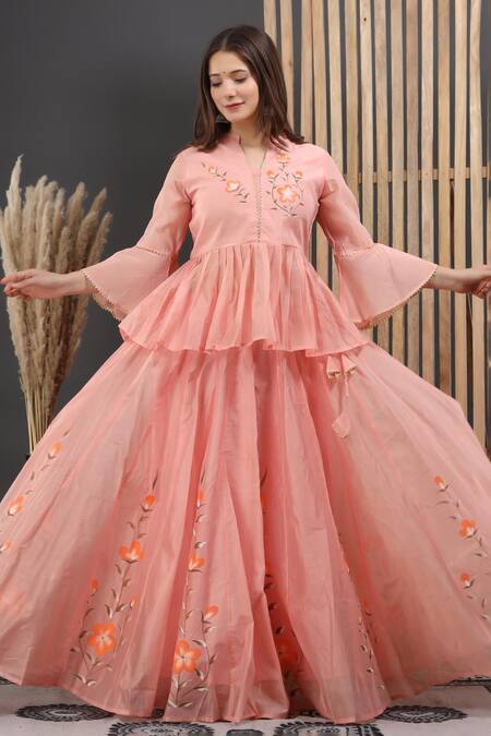 Buy_Suti Kapda_Peach Chanderi Embroidery, Gota Patti Bandeau Neck Lehenga Set _Online_at_Aza_Fashions