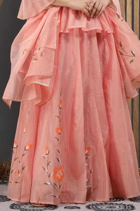 Suti Kapda Peach Chanderi Embroidery, Gota Patti Bandeau Neck Lehenga Set at Aza Fashions Suti Kapda_Peach Chanderi Embroidery, Gota Patti Bandeau Neck Lehenga Set _at_Aza_Fashions