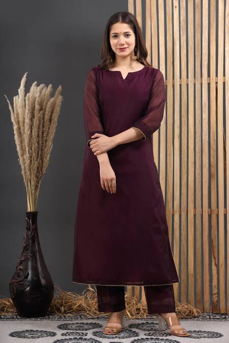 Buy_Suti Kapda_Wine Chanderi Gota Patti Split V-neck Embroidered Kurta And Pant Set _Online_at_Aza_Fashions