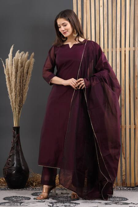 Shop_Suti Kapda_Wine Chanderi Gota Patti Split V-neck Embroidered Kurta And Pant Set _Online_at_Aza_Fashions