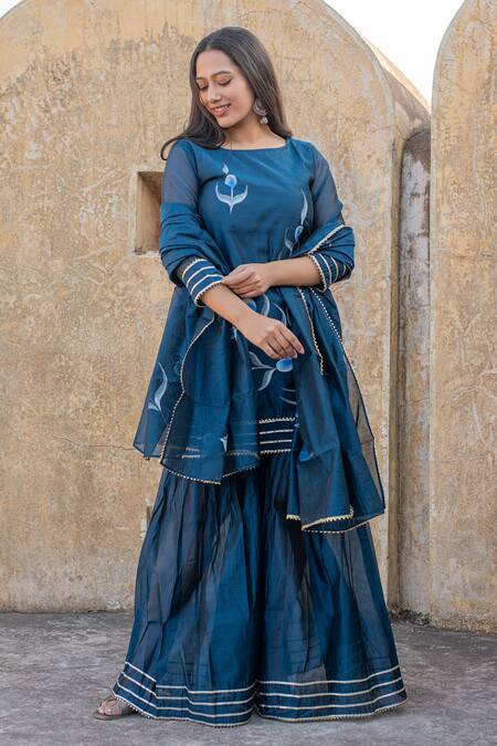 Suti Kapda Blue Chanderi Gota Patti, Embroidery Round Floral Hand Painted Kurta Sharara Set Online at Aza Fashions Suti Kapda_Blue Chanderi Gota Patti, Embroidery Round Floral Hand Painted Kurta Sharara Set _Online_at_Aza_Fashions