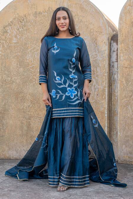 Buy Suti Kapda Blue Chanderi Gota Patti, Embroidery Round Floral Hand Painted Kurta Sharara Set Online at Aza Fashions Buy_Suti Kapda_Blue Chanderi Gota Patti, Embroidery Round Floral Hand Painted Kurta Sharara Set _Online_at_Aza_Fashions