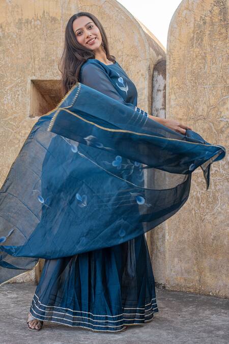 Shop Suti Kapda Blue Chanderi Gota Patti, Embroidery Round Floral Hand Painted Kurta Sharara Set Online at Aza Fashions Shop_Suti Kapda_Blue Chanderi Gota Patti, Embroidery Round Floral Hand Painted Kurta Sharara Set _Online_at_Aza_Fashions