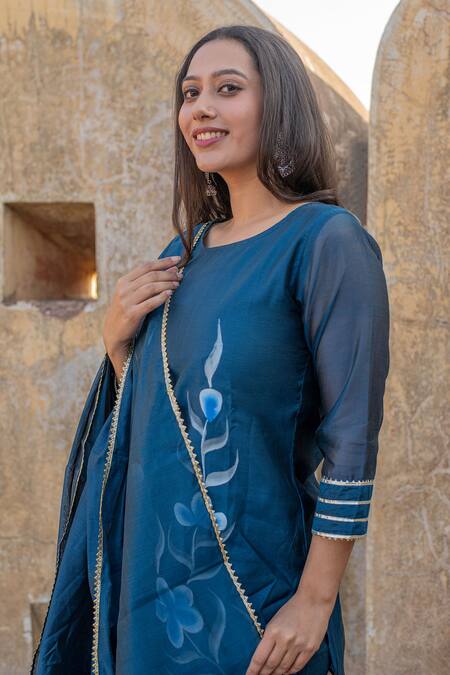 Suti Kapda Blue Chanderi Gota Patti, Embroidery Round Floral Hand Painted Kurta Sharara Set at Aza Fashions Suti Kapda_Blue Chanderi Gota Patti, Embroidery Round Floral Hand Painted Kurta Sharara Set _at_Aza_Fashions