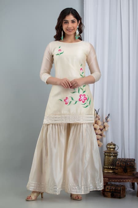 Shop Suti Kapda Off White Chanderi Embroidery, Gota Patti Round Hand Painted Kurta Sharara Set Online at Aza Fashions Shop_Suti Kapda_Off White Chanderi Embroidery, Gota Patti Round Hand Painted Kurta Sharara Set_Online_at_Aza_Fashions