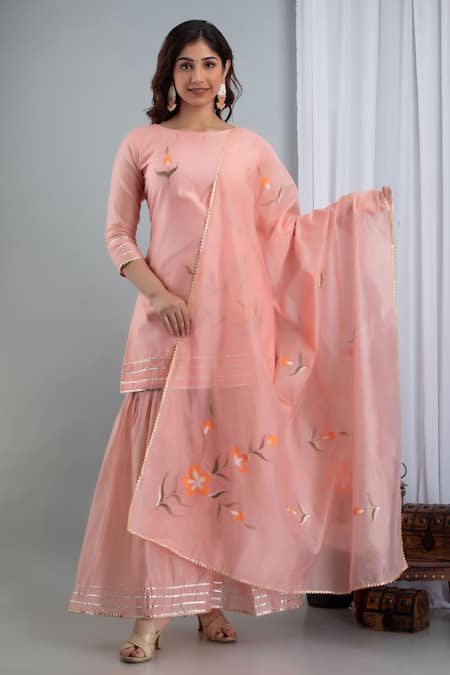 SUTI KAPDA Peach Chanderi Hand Painted Floral Round Neck Kurta Sharara Set 