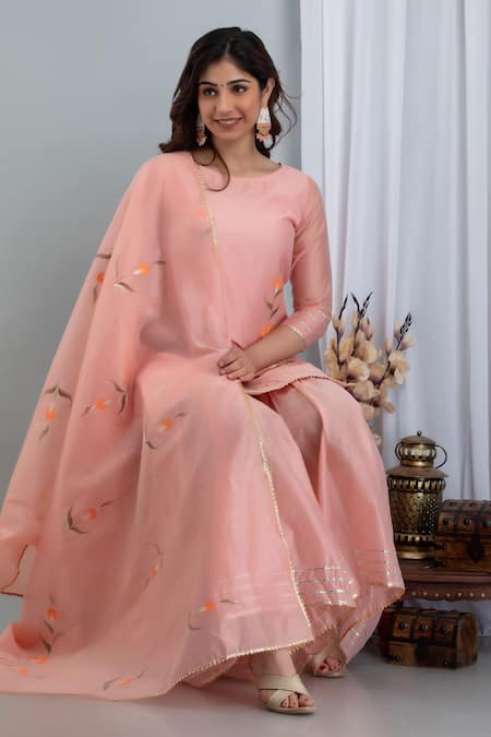 Suti Kapda Peach Chanderi Gota Patti, Embroidery Floral Hand Painted Kurta Sharara Set Online at Aza Fashions Suti Kapda_Peach Chanderi Gota Patti, Embroidery Floral Hand Painted Kurta Sharara Set _Online_at_Aza_Fashions