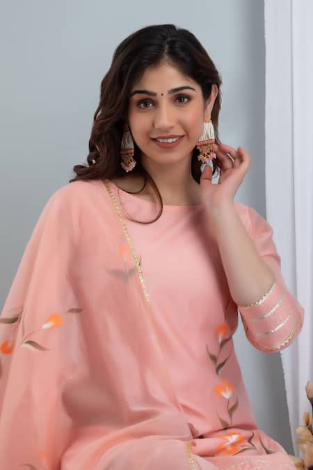 Buy Suti Kapda Peach Chanderi Gota Patti, Embroidery Floral Hand Painted Kurta Sharara Set Online at Aza Fashions Buy_Suti Kapda_Peach Chanderi Gota Patti, Embroidery Floral Hand Painted Kurta Sharara Set _Online_at_Aza_Fashions