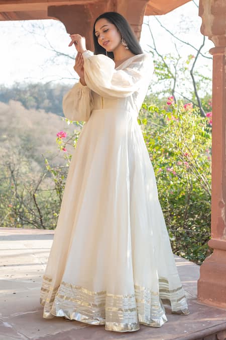 Buy Suti Kapda Beige Chanderi Gota Patti V-neck Placemen Embroidered Anarkali Online at Aza Fashions Buy_Suti Kapda_Beige Chanderi Gota Patti V-neck Placemen Embroidered Anarkali _Online_at_Aza_Fashions