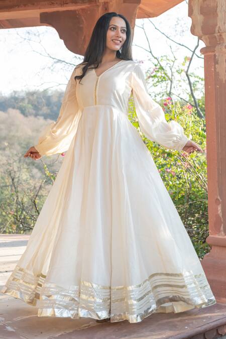 Shop Suti Kapda Beige Chanderi Gota Patti V-neck Placemen Embroidered Anarkali Online at Aza Fashions Shop_Suti Kapda_Beige Chanderi Gota Patti V-neck Placemen Embroidered Anarkali _Online_at_Aza_Fashions