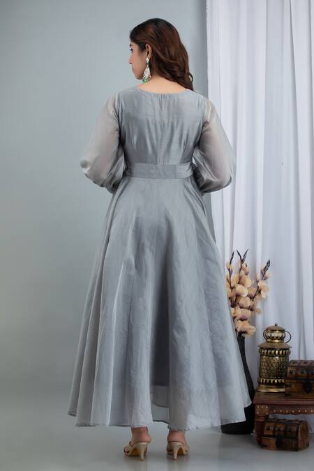 Shop_Suti Kapda_Grey Chanderi Hand Painted Leaf Motifs V Neck Gown _at_Aza_Fashions