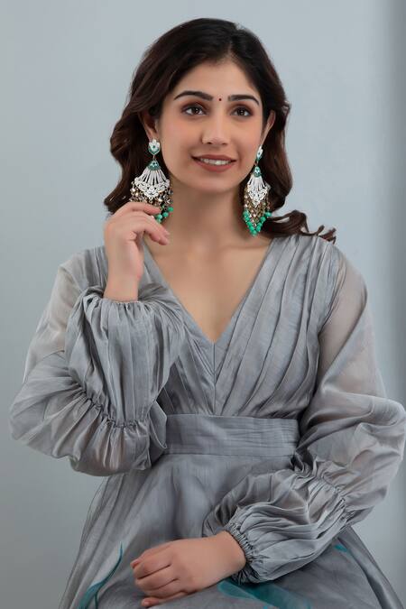 Buy_Suti Kapda_Grey Chanderi Hand Painted Leaf Motifs V Neck Gown _Online_at_Aza_Fashions