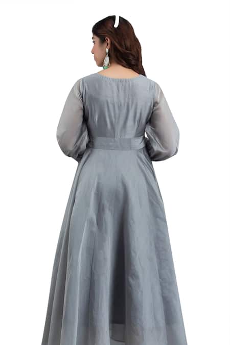 Shop_Suti Kapda_Grey Chanderi Hand Painted Leaf Motifs V Neck Gown _Online_at_Aza_Fashions