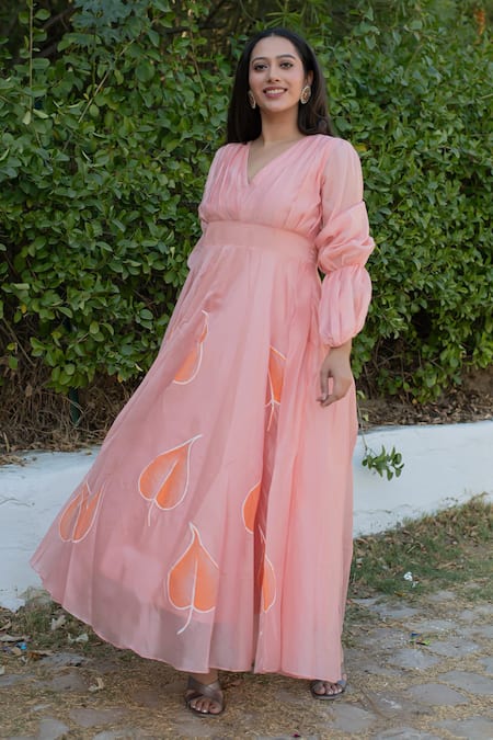 Buy Suti Kapda Peach Chanderi V-neck Hand Painted Gown Online at Aza Fashions Buy_Suti Kapda_Peach Chanderi V-neck Hand Painted Gown _Online_at_Aza_Fashions