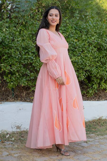 Suti Kapda Peach Chanderi V-neck Hand Painted Gown at Aza Fashions Suti Kapda_Peach Chanderi V-neck Hand Painted Gown _at_Aza_Fashions