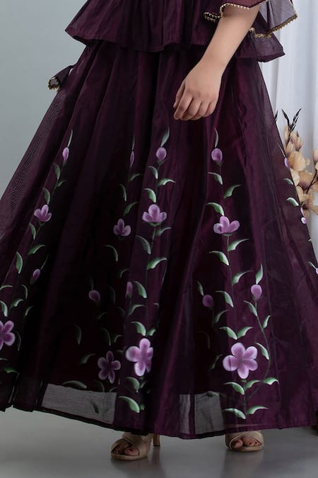 Suti Kapda_Purple Chanderi Embroidery Mandarin Collar Floral Hand Painted Lehenga Set _Online_at_Aza_Fashions