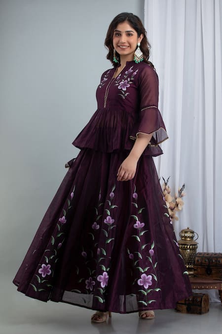 Buy_Suti Kapda_Purple Chanderi Embroidery Mandarin Collar Floral Hand Painted Lehenga Set _Online_at_Aza_Fashions
