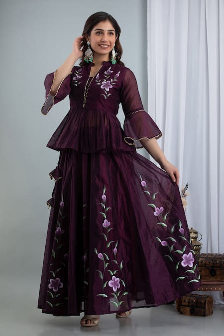 Shop_Suti Kapda_Purple Chanderi Embroidery Mandarin Collar Floral Hand Painted Lehenga Set _Online_at_Aza_Fashions
