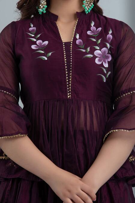 Suti Kapda_Purple Chanderi Embroidery Mandarin Collar Floral Hand Painted Lehenga Set _at_Aza_Fashions