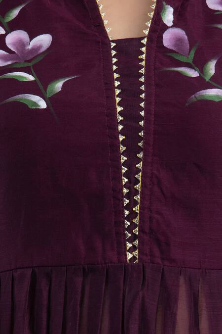 Buy_Suti Kapda_Purple Chanderi Embroidery Mandarin Collar Floral Hand Painted Lehenga Set 