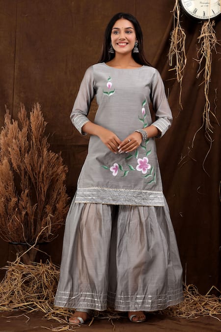 Suti Kapda_Grey Chanderi Gota Patti Round Neck Bud Bloom Hand Painted Kurta Sharara Set _Online_at_Aza_Fashions