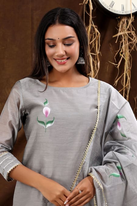 Suti Kapda_Grey Chanderi Gota Patti Round Neck Bud Bloom Hand Painted Kurta Sharara Set _at_Aza_Fashions