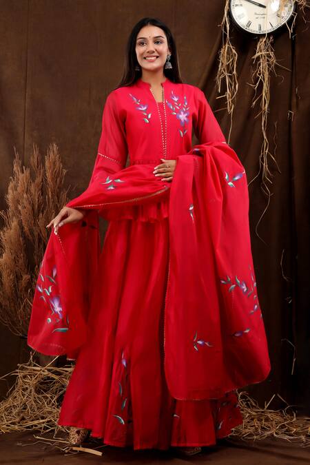 Suti Kapda_Pink Chanderi Embroidery Mandarin Collar Blossom Hand Painted Lehenga Set _Online_at_Aza_Fashions
