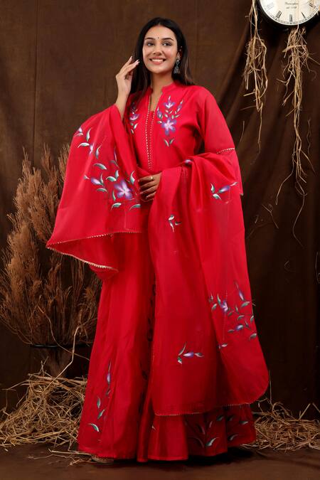 Buy_Suti Kapda_Pink Chanderi Embroidery Mandarin Collar Blossom Hand Painted Lehenga Set _Online_at_Aza_Fashions