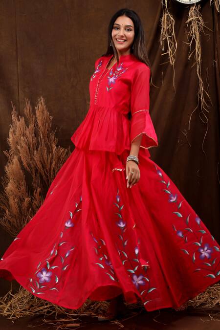 Shop_Suti Kapda_Pink Chanderi Embroidery Mandarin Collar Blossom Hand Painted Lehenga Set _Online_at_Aza_Fashions