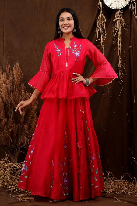 Suti Kapda_Pink Chanderi Embroidery Mandarin Collar Blossom Hand Painted Lehenga Set _at_Aza_Fashions