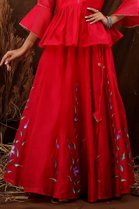 Buy Suti Kapda Pink Chanderi Embroidery Mandarin Collar Blossom Hand Painted Lehenga Set Buy_Suti Kapda_Pink Chanderi Embroidery Mandarin Collar Blossom Hand Painted Lehenga Set