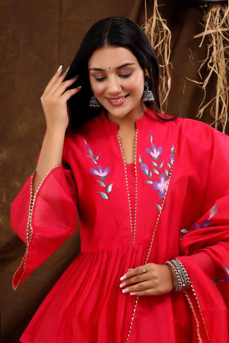 Shop Suti Kapda Pink Chanderi Embroidery Mandarin Collar Blossom Hand Painted Lehenga Set Shop_Suti Kapda_Pink Chanderi Embroidery Mandarin Collar Blossom Hand Painted Lehenga Set