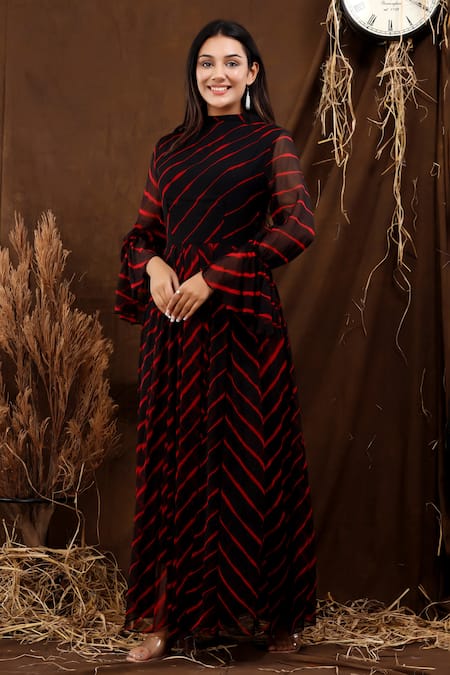 Shop_Suti Kapda_Black Chiffon High Neck Leheriya Pattern Bell Sleeves Gown_Online_at_Aza_Fashions