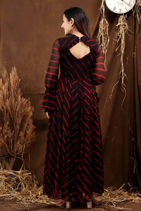 Shop_Suti Kapda_Black Chiffon High Neck Leheriya Pattern Bell Sleeves Gown_at_Aza_Fashions