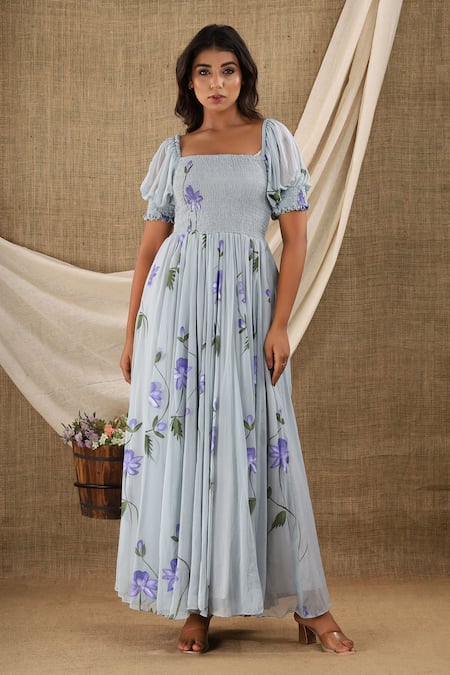 SUTI KAPDA Grey Chiffon Georgette Hand Painted Floral Square Maxi Dress 