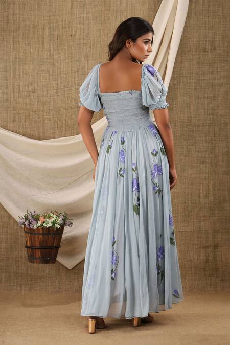 Shop_Suti Kapda_Grey Chiffon, Georgette Square Neck Hand Painted Maxi Dress_at_Aza_Fashions